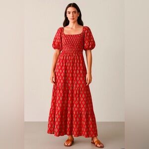 LEA 100% Cotton Plus Size Pink Floral Puff Sleeve Tiered Smocked Maxi Dress